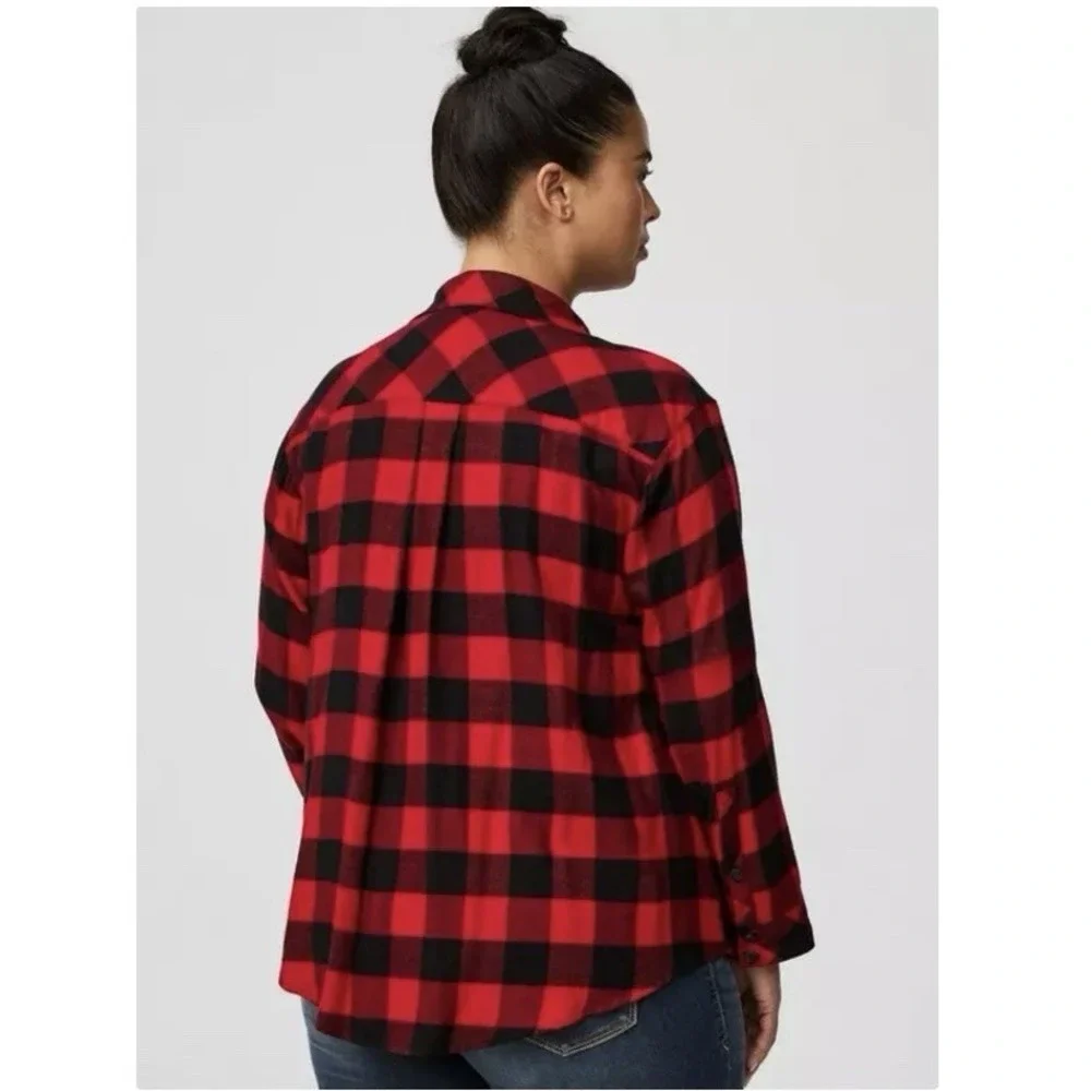 Torrid Lizzie Black Red Buffalo Plaid Twill Button Up Long Sleeve‎ Shirt Size 3X